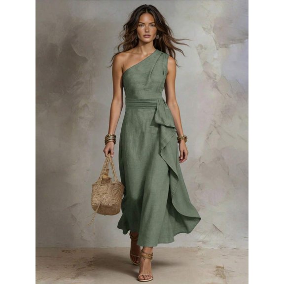 Womens Solid One Shoulder Sleeveless Ruffle Long Maxi Dress - Mint Green
