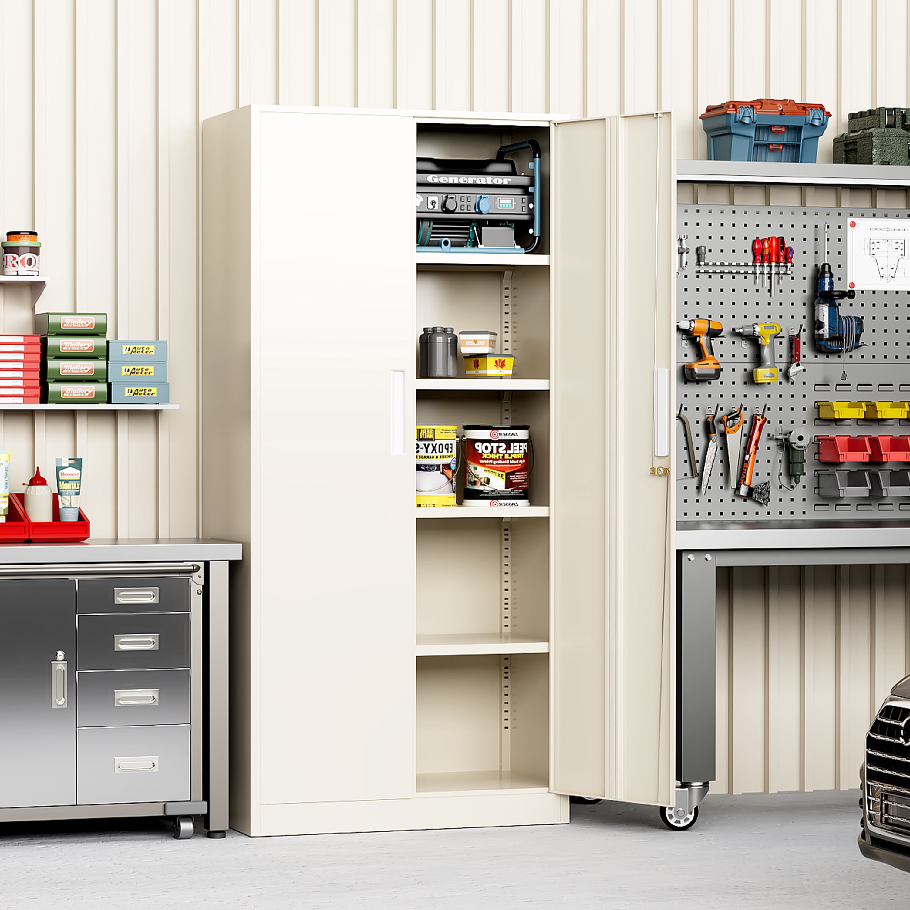 SUNCROWN  71 In Metal Storage Garage Cabinets with Locking Doors and Adjustable Shelves, Steel Storage Cabinet for Garage, Office, Classroom, Assemble Required(GRAY)