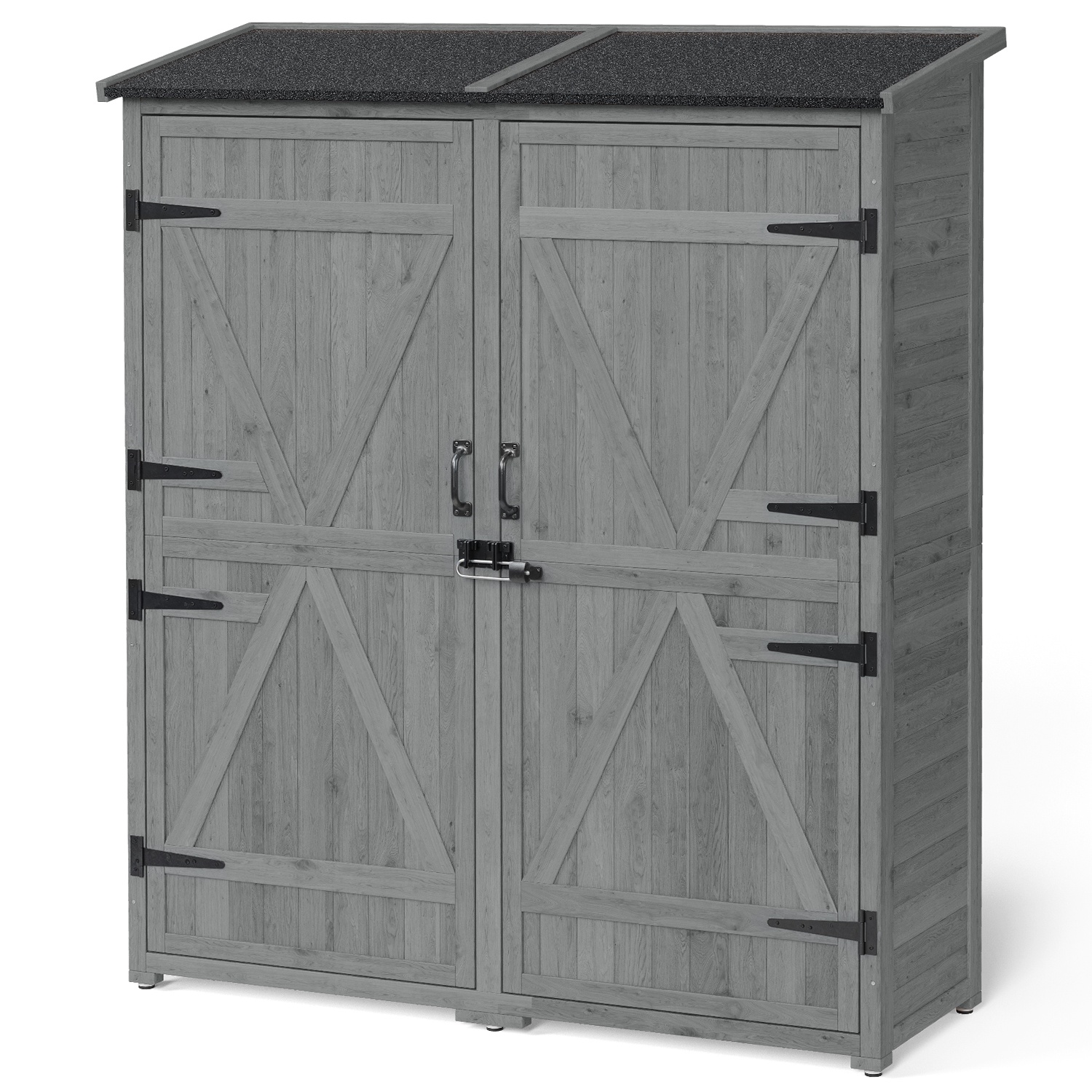 Asofer Outdoor Storage Cabinet with Floor, Waterproof Roof, Double Lockable Doors Garden Shed with 2 Removable Shelves, Gray