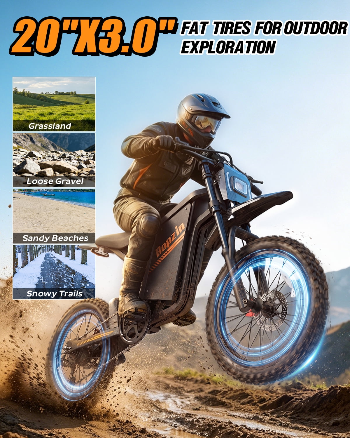 Bopzin Electric Dirt Bike for Adults, Smart App Anti-Theft, 60V 25Ah Up to 100 Miles, 3000W 20"x3.0 Fat Tire Electric Bike UL2849