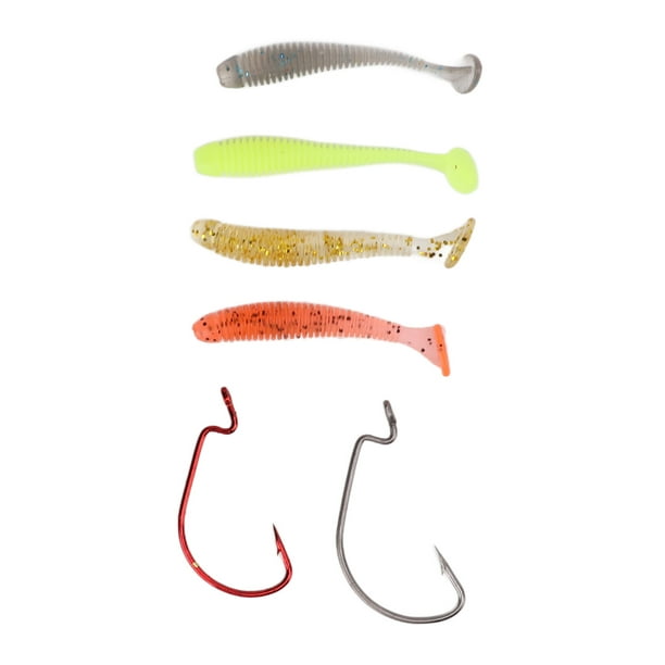 60pcs/box Soft Bait Fishing Lures Kit with Stainless Steel Crank Hooks  Artificial T Tail PVC Soft Lure Baits for Bass Fishing 