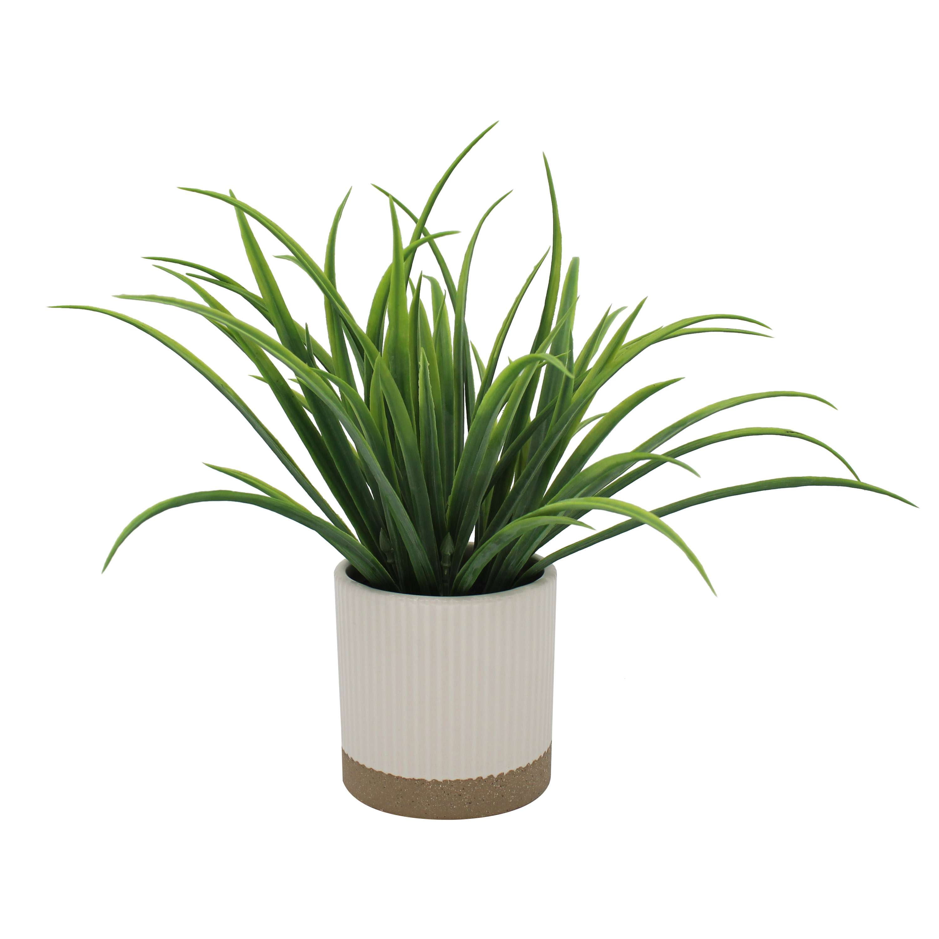 Mainstays by Becky G. & Alejandra 9.5" Artificial Grass in White Two-Tone Ribbed Ceramic Pot