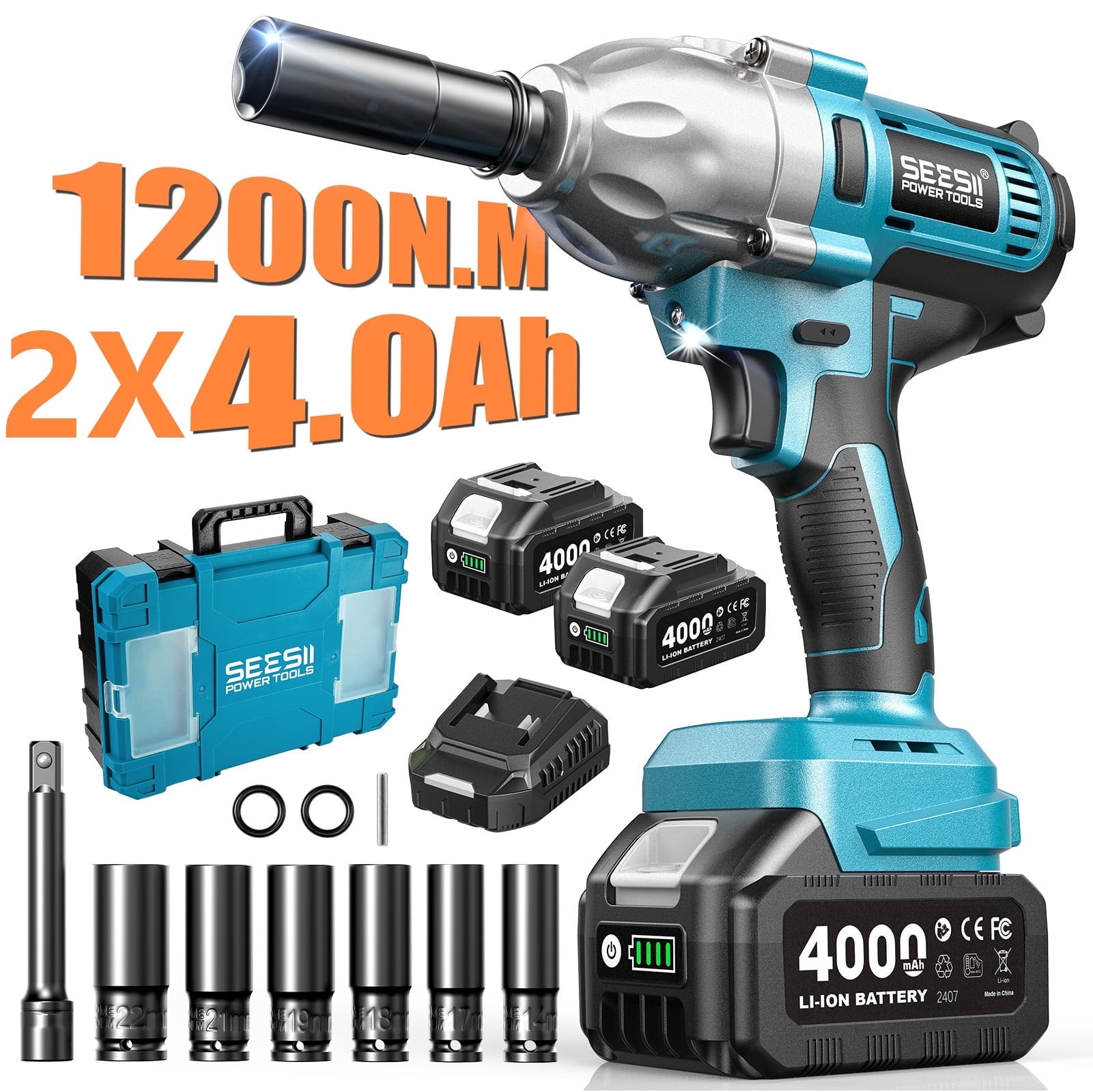 Seesii Electric Cordless Impact Wrench  1/2 885 FT-LBS(1200N.m) 3300IPM High Torque Brushelss Impact Gun 2x4.0Ah Battery 6 Sockets&Case