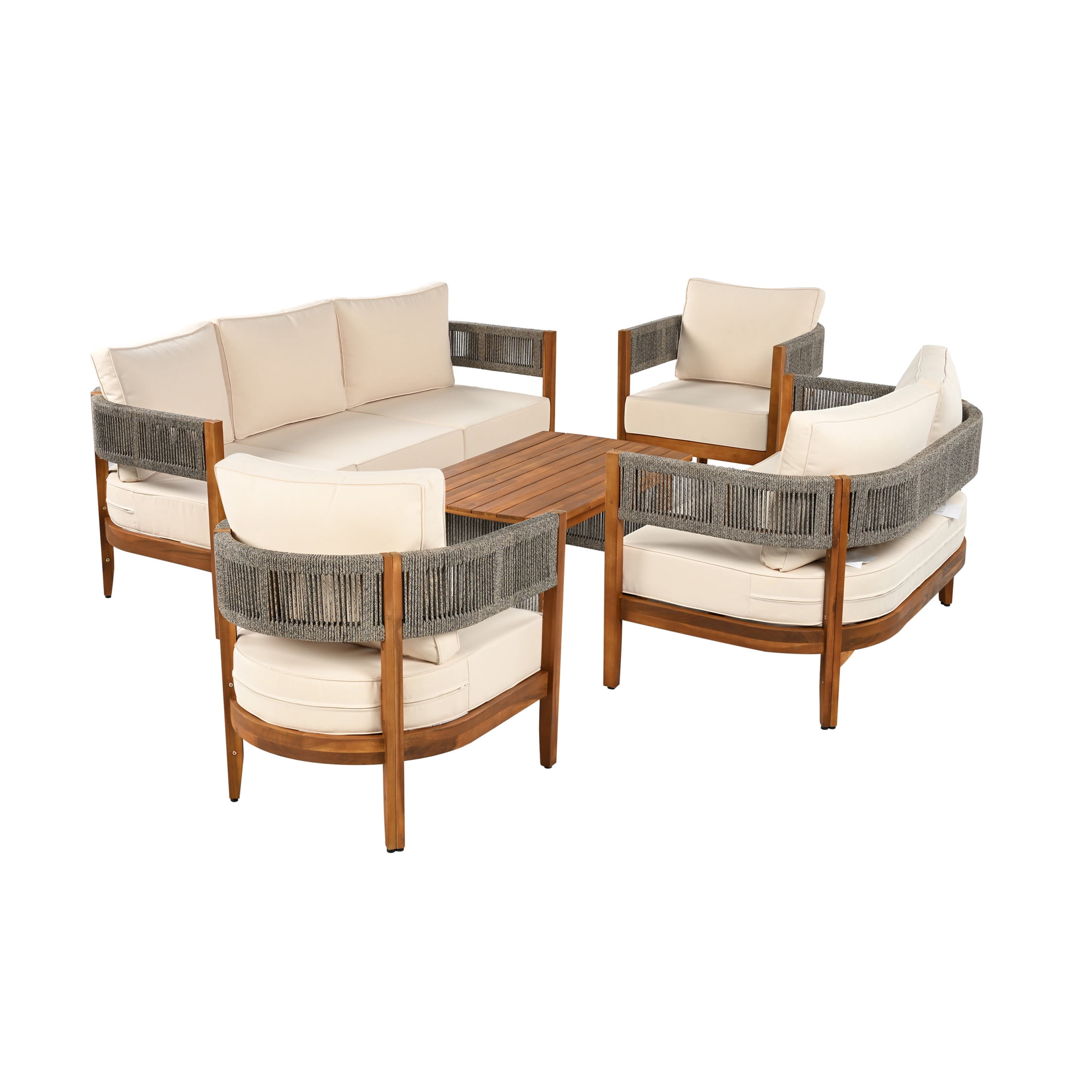 Christopher Knight Home 5-Piece Patio Furniture Set, Acacia Wood Tub Design Sofa, Loveseat, Chairs with Woven Rope Table and Beige Cushions, Teak