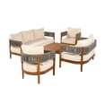 thumbnail image 3 of Christopher Knight Home 5-Piece Patio Furniture Set, Acacia Wood Tub Design Sofa, Loveseat, Chairs with Woven Rope Table and Beige Cushions, Teak, 3 of 13