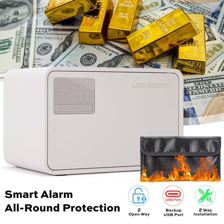 Locksworth 0.45 cubic Safe Box with Electronic Keypad, Security Lock Box With Fireproof Waterproof Bag & USB  Port for Home Office Hotel Cash Jewelry Documents, White