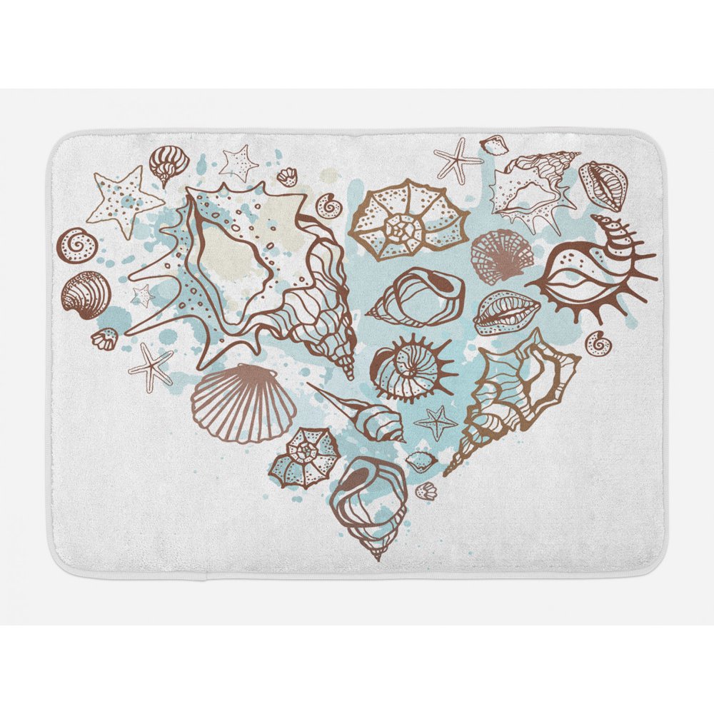 Nautical Bath Mat, Hand Drawn Seashells Scallop Starfish Whelk Ocean