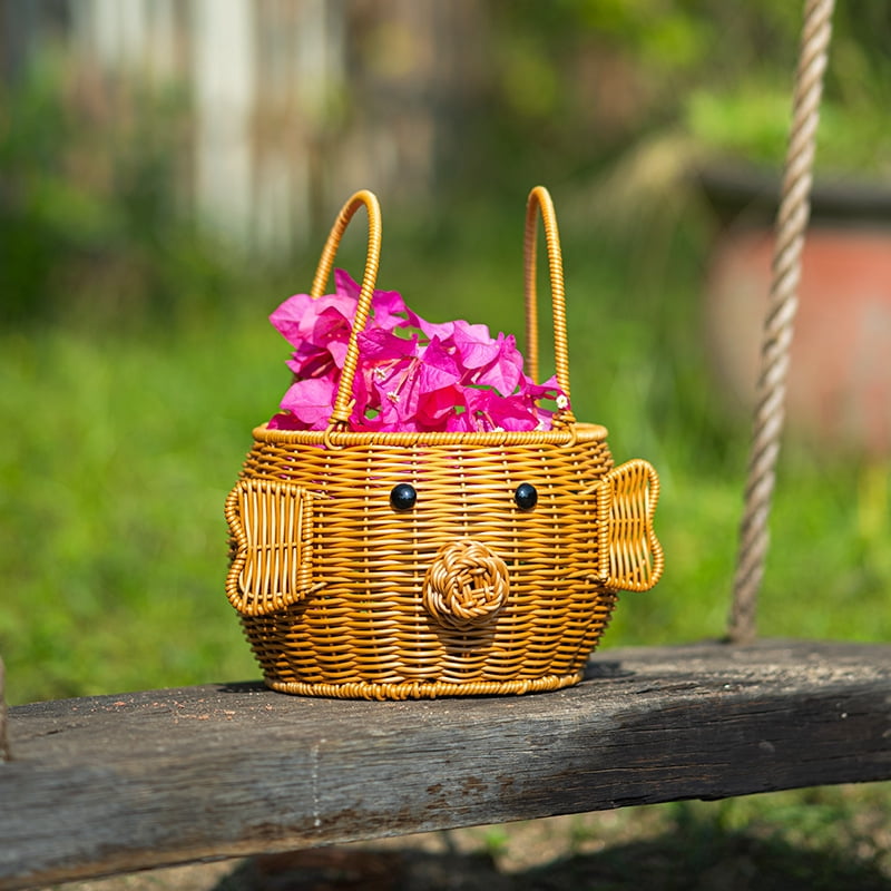 KUNPENG Easter Basket, Woven Picnic Basket, Animal Shaped Pig & Rabbit Rattan Gift Basket, Decorative Nursery Storage for Fruit & Snacks, Photography Props, 10"x7"x11"