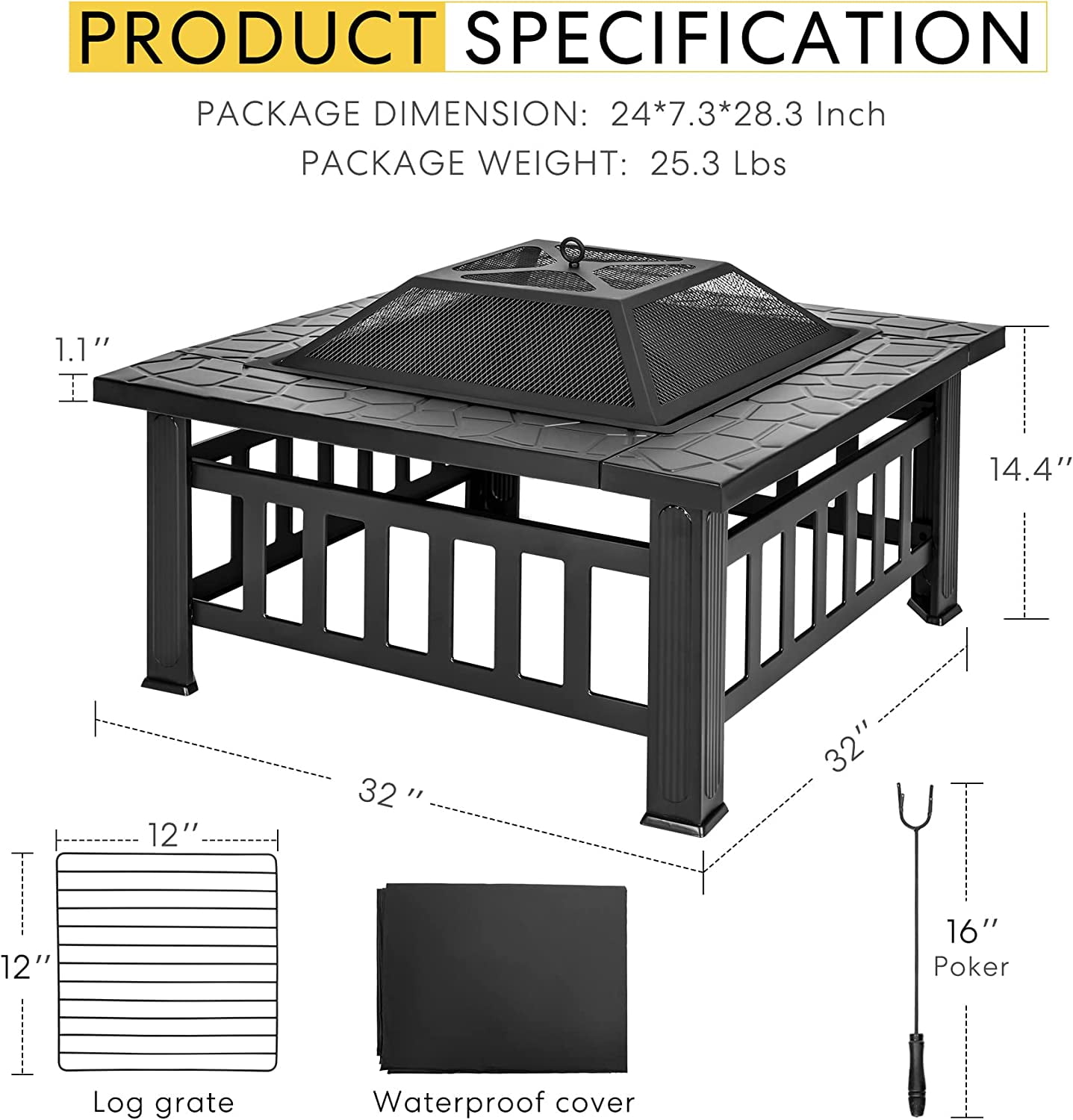VIVOHOME 32 Inch Heavy Duty 3 in 1 Metal Square Patio Firepit Table BBQ Garden Stove with Spark Screen Cover Log Grate and Poker for Outside Wood Burning and Drink Cooling