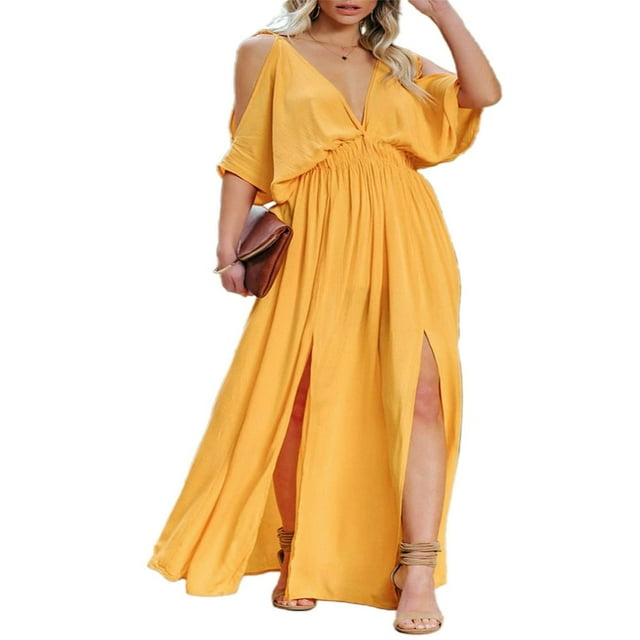 Women‘s Summer Split Maxi Dress Off Shoulder Deep V Neck Solid Color Mid Sleeve Loose Evening Party Dress