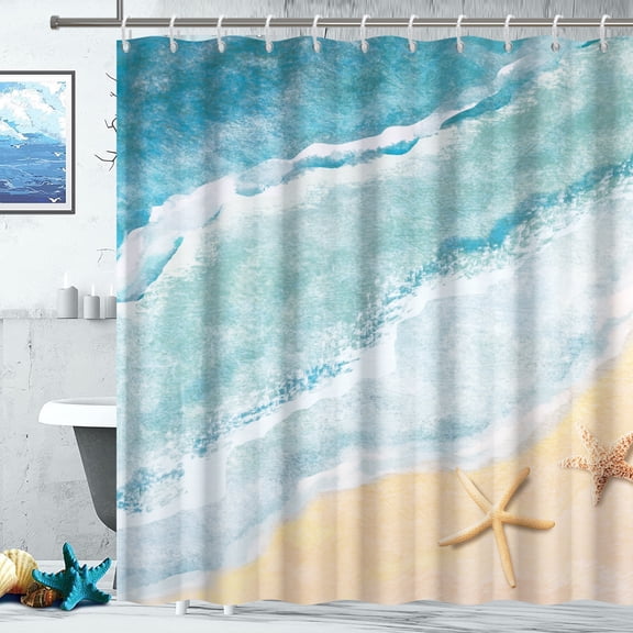 Beach Theme Shower Curtain ,Seashell Starfish Shower Curtains Waterproof Fabric with 12 Hooks，72"x72"