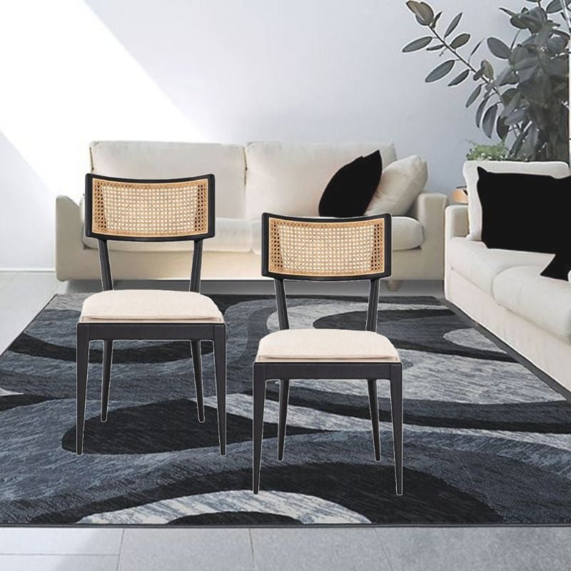 Claudette Dining Chair in Black-Natural, Solid Wood Dining Chair, Natural Rattan Cane Dining Chair, Cushioned Seat,Upholstered Dining Chair - Set 2