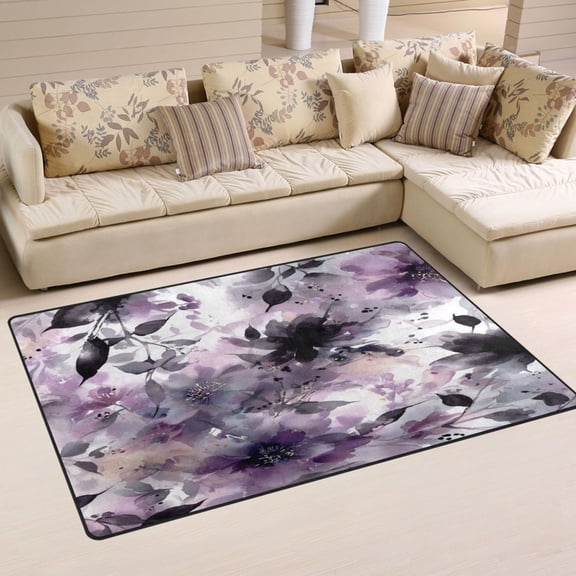 31x20in Area Rug Machine Washable Floor Mats Skid-Resistant Backing Carpet for Home Kitchen Bedroom Light Purple and Black Floral