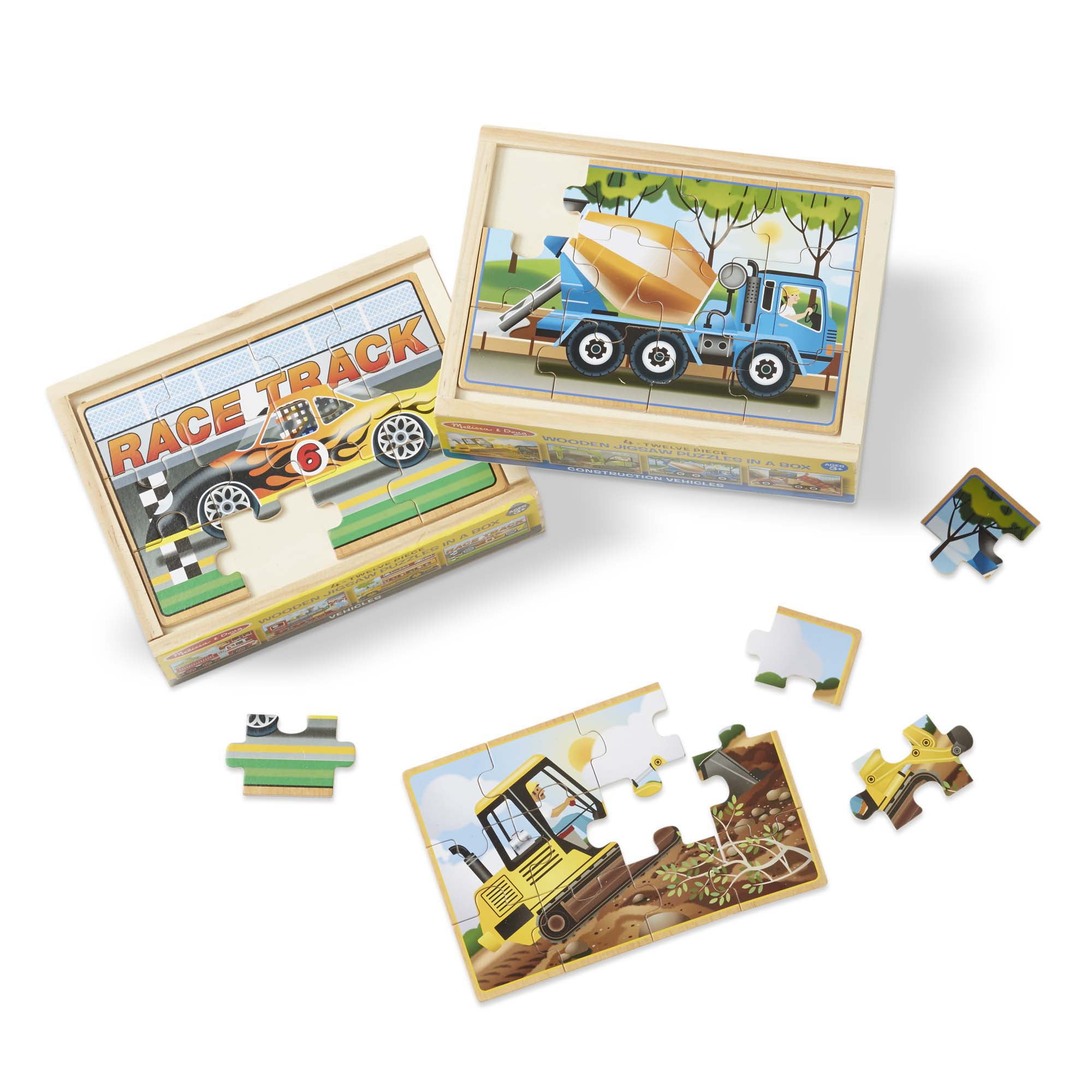 Melissa & Doug Construction Vehicles 4-in-1 Wooden Jigsaw Puzzles in a Box (48 pcs) | FSC-Certified Materials