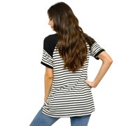 Heimish Womens V-Neck Striped Short Sleeve Top (L)