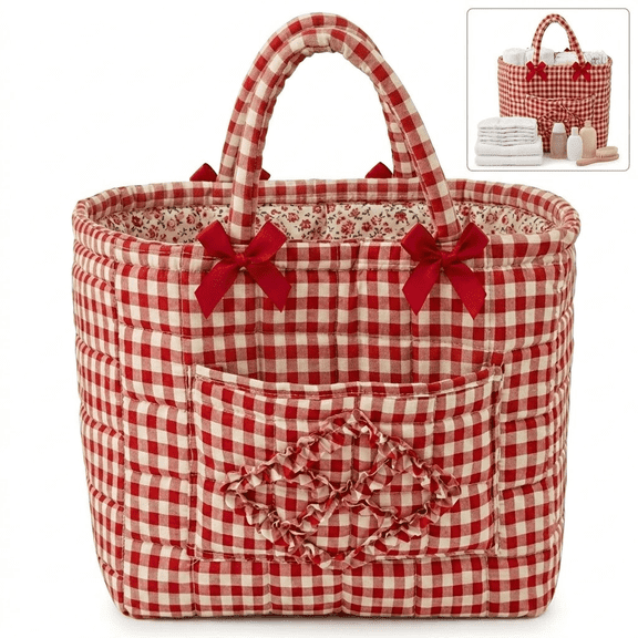 Stripe Storage Basket, Collapsible Cotton Tote with Handles for Home Sundries, Travel, and Picnic, Red Pink Checkered, 12.2 x 10.2 x 10.6 in(1pcs,C)