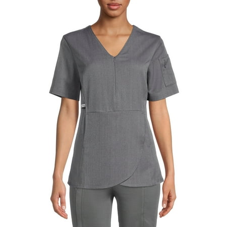 ClimateRight by Cuddl Duds Scrubs Women’s and Women's Plus Zip Neck Woven Tulip Hem Top