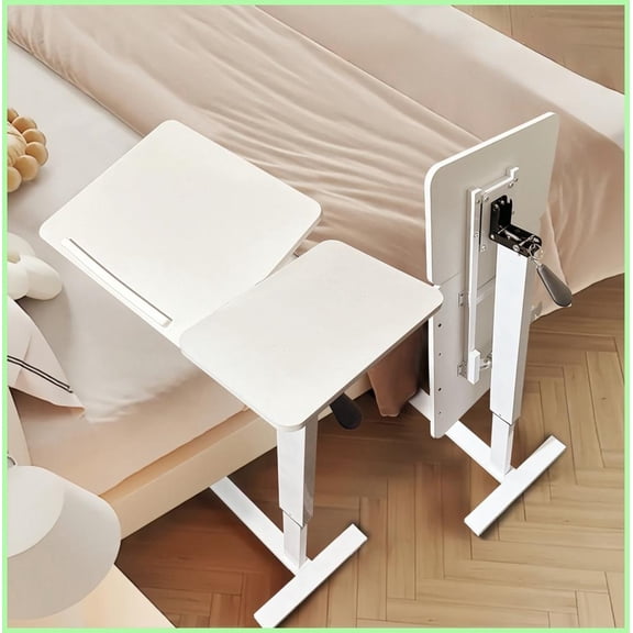 Mobile Height Adjustable White Coffee Table - Rolling Overbed Table with Tilting Tray for Meals, Work & Reading
