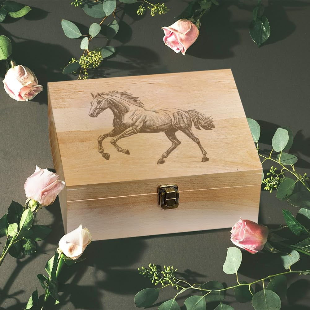 1 Pc Wooden Memory Keepsake Box Sketch Horse Memory Box with Hinged Lids Animal Theme Keepsake Chest for DIY Souvenirs Picture Letter Storage 9.6x7.6x4inch(24.5x19.5x10.3cm)