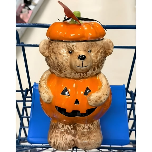 ACDANC Halloween Bear Shaped Ceramic Cookie Jar–11.8" Pumpkin Design with Lid–Decorative Kitchen Canister for Cookies,Candy&Treats–Cute Fall&Halloween Home Décor 1 Pack