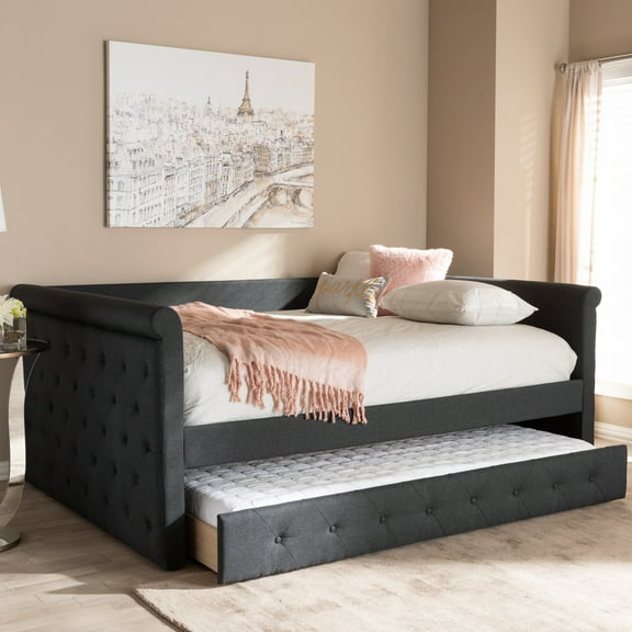 Luxury Daybed with Trundle - Fabric Upholstered Full Size Bed, Light Beige, Foam Padded Frame, Guest Bed