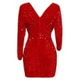 thumbnail image 4 of BLTIBY Womens Sequin Evening Dress Hip Wrap V-Neck Ruched Waist Long Sleeve Glitter Cocktail Party Slim Formal Gown Fashion Elegant Dress Red S, 4 of 4