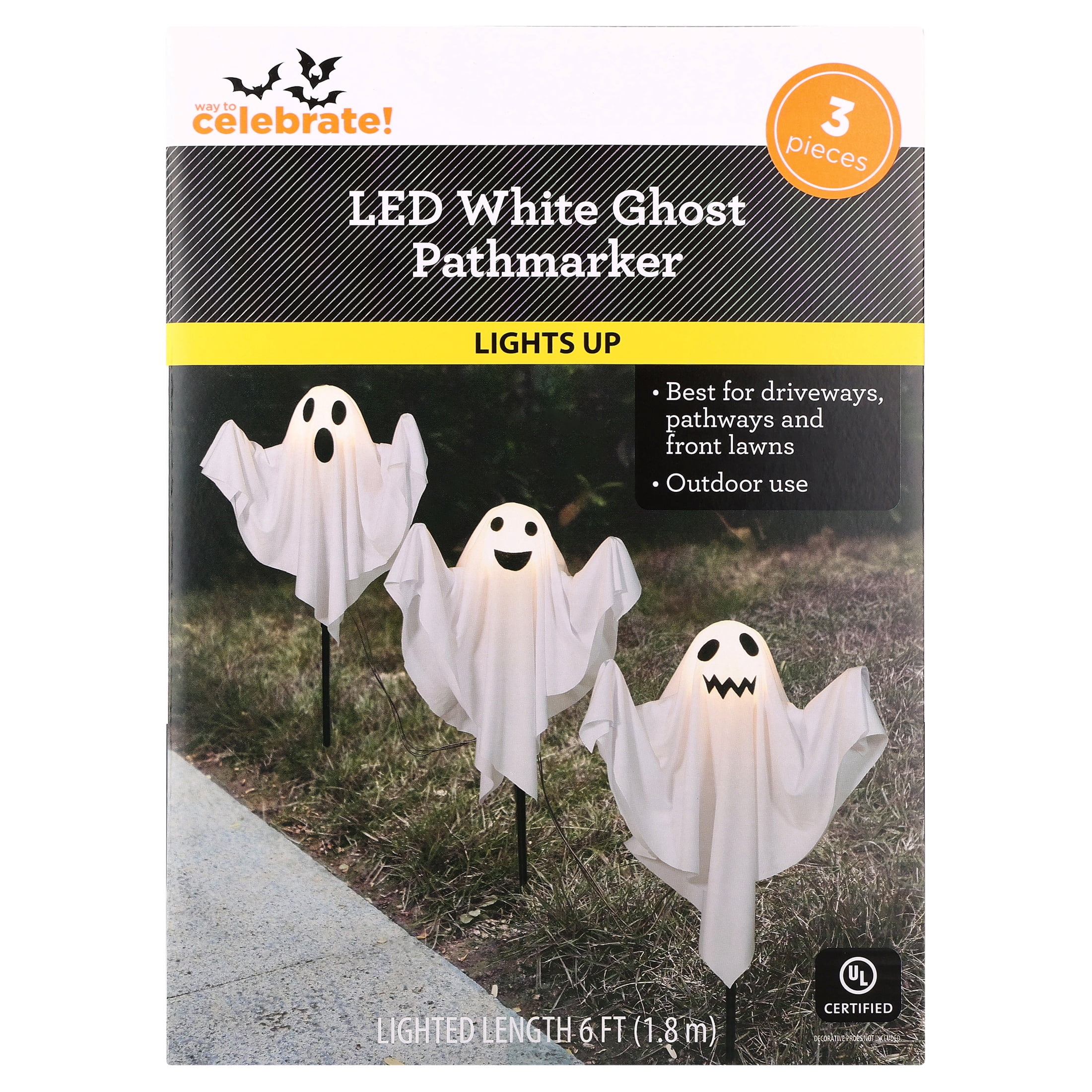 Outdoor LED Fabric Ghost Pathmarkers, White, 3 Count, Halloween by Way To Celebrate
