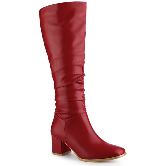 Unique Bargains Women's Slouch Square Toe Chunky Heels Knee High Boots Red 6.5