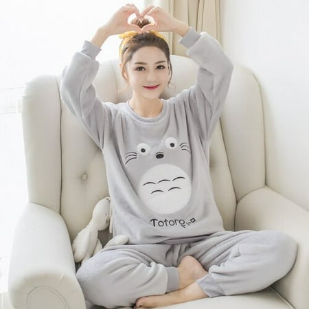 

DanceeMangoo Young Women Pajamas Warm Flannel Women Long-sleeved Autumn Winter Pyjama Loose Homewear Set Coral Fleece Sleepwear Top+ Pants