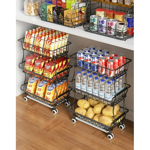 3-Tier Rolling Pantry Floor Organizer and Storage Cart with Wheels, Stackable Wire Pantry Baskets for Pantry Shelves, Kitchen Fruit Basket Stand and Storage Rack for Fruit Snack Onion Potato
