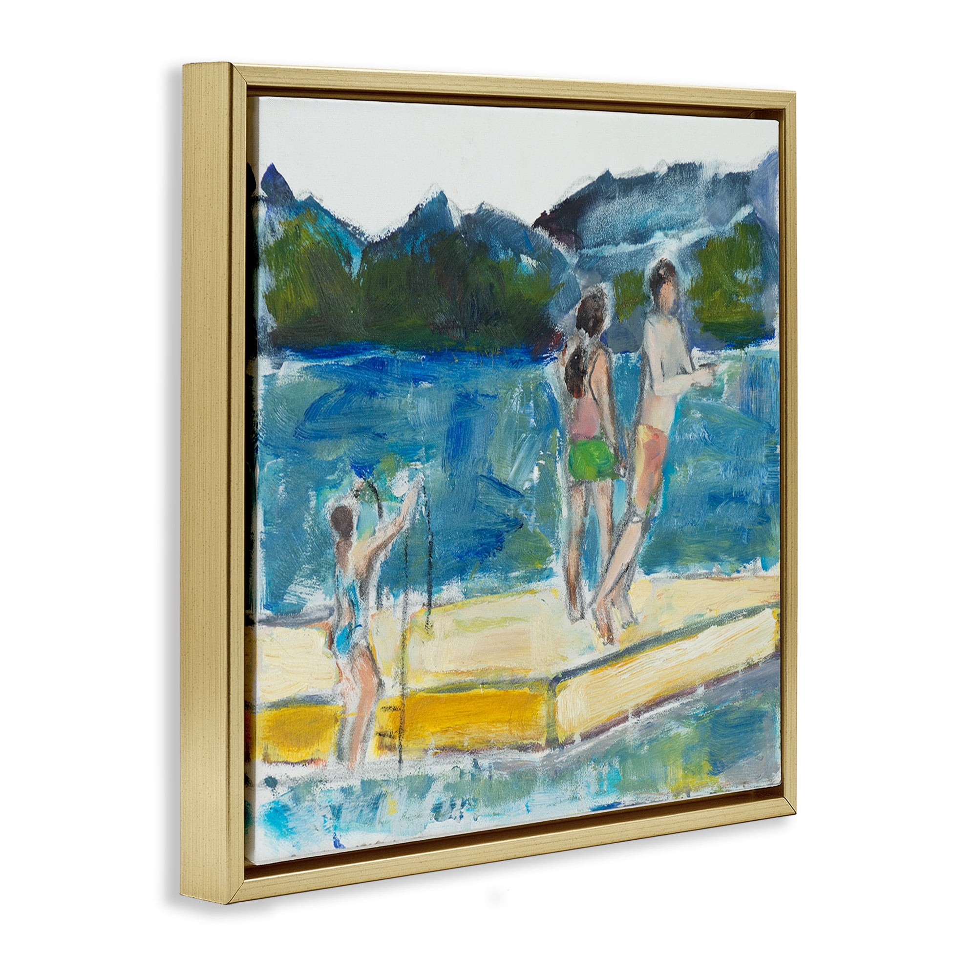 Stupell Industries Kids on Swimming Dock Abstract Sports Painting Gold Floater Framed Canvas Art Print Wall Art, 25 x 25