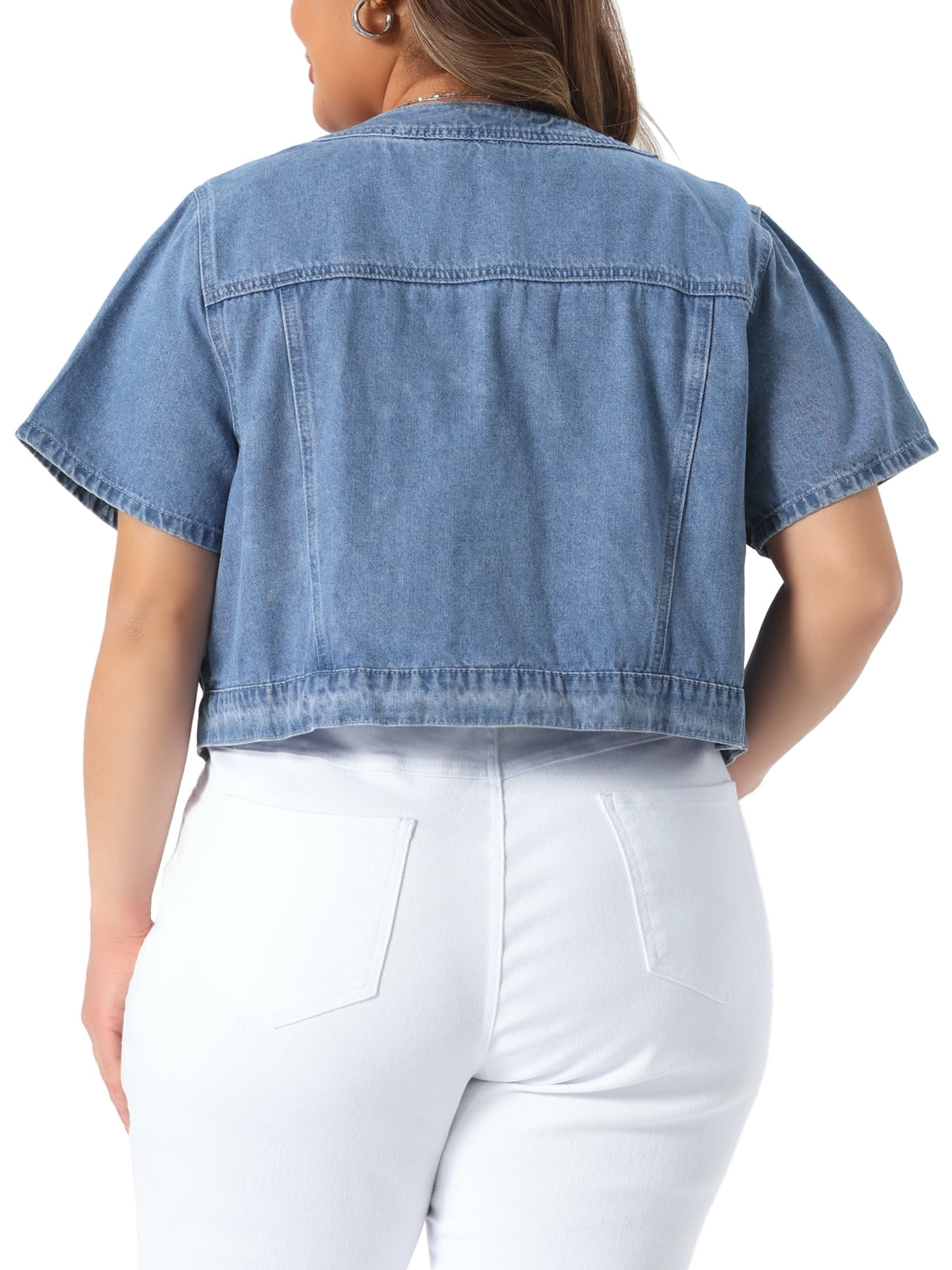 DARING DIVA Women's Plus Crew Neck Button Down Cropped Denim Vest 2X Light Blue