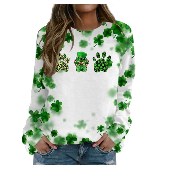 Womens St Patricks Day Shirt Dog Paw Print Long Sleeve Shirt Shamrock Crewneck Sweatshirt Irish Green Top Casual Loose Pullover