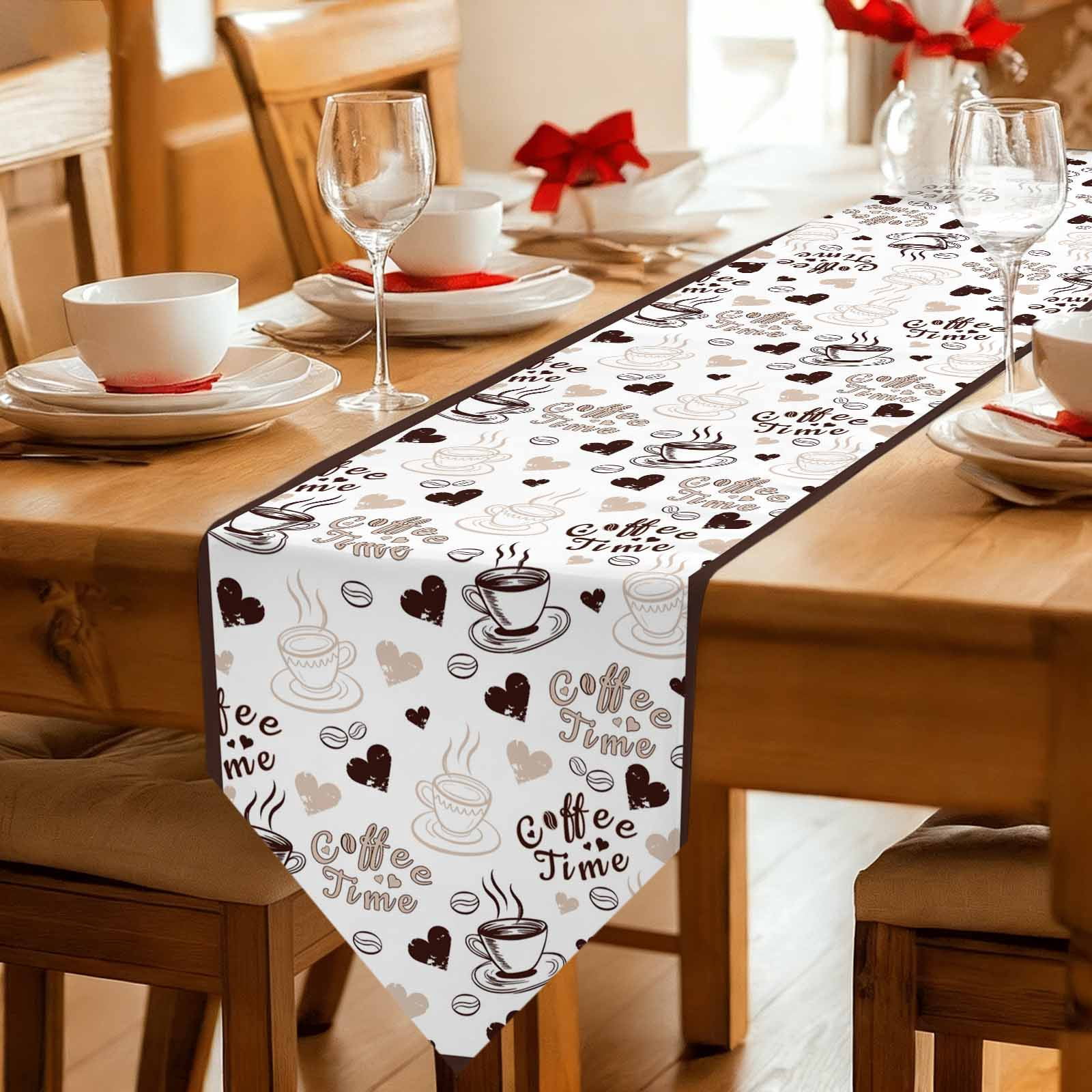 Farmhouse Coffee Cup Table Runner Linen Burlap Table Runner 120 Inches Long Vintage Coffee Beans Love Heart Dresser Scarves for Kitchen Island Coffee Dining Party Wedding Holiday Decor 13"x120"