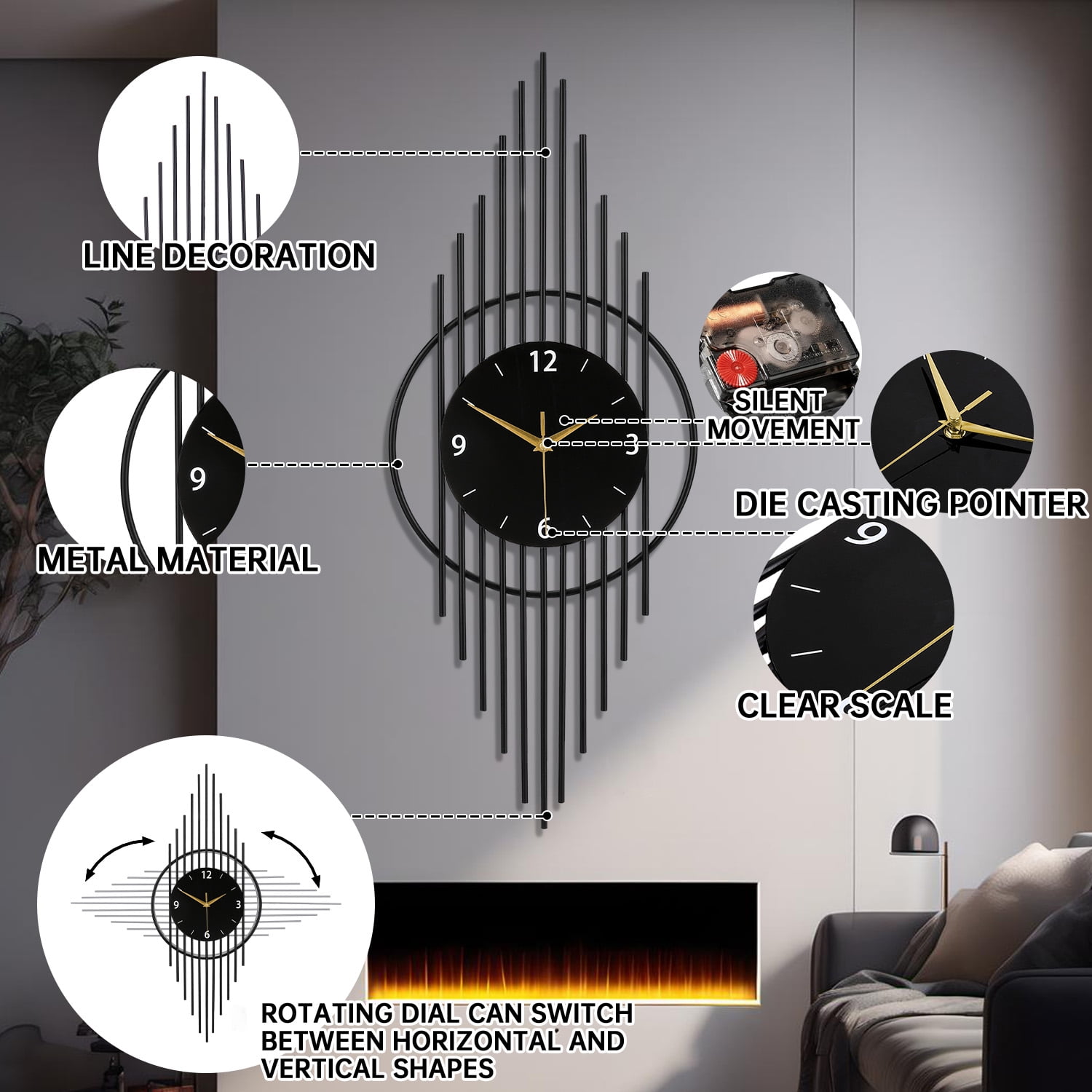 Modern Black Metal Wall Clock, Art Deco Style Large Decorative Clock for Living Room, Silent Non-Ticking Hanging Clock with Geometric Design, Unique Home Decor & Kitchen/Bedroom Wall Art