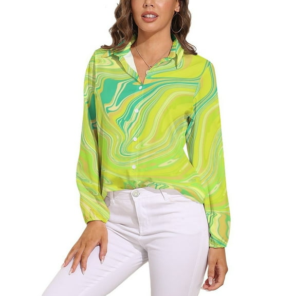 Lime Green Swirls Long Sleeve Blouse Woman Streetwear Casual Shirts Summer Oversize Woman Streetwear Clothing Birthday Present