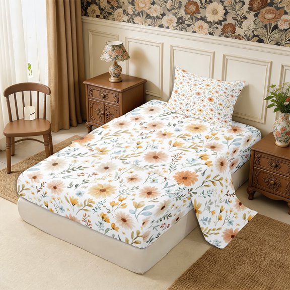 Manfei Cottagecore Blossom Twin Sheets 3pcs,Vintage Flowers Leaves Bedding,1 Flat Sheet,1 Fitted Sheet and 1 Pillowcase