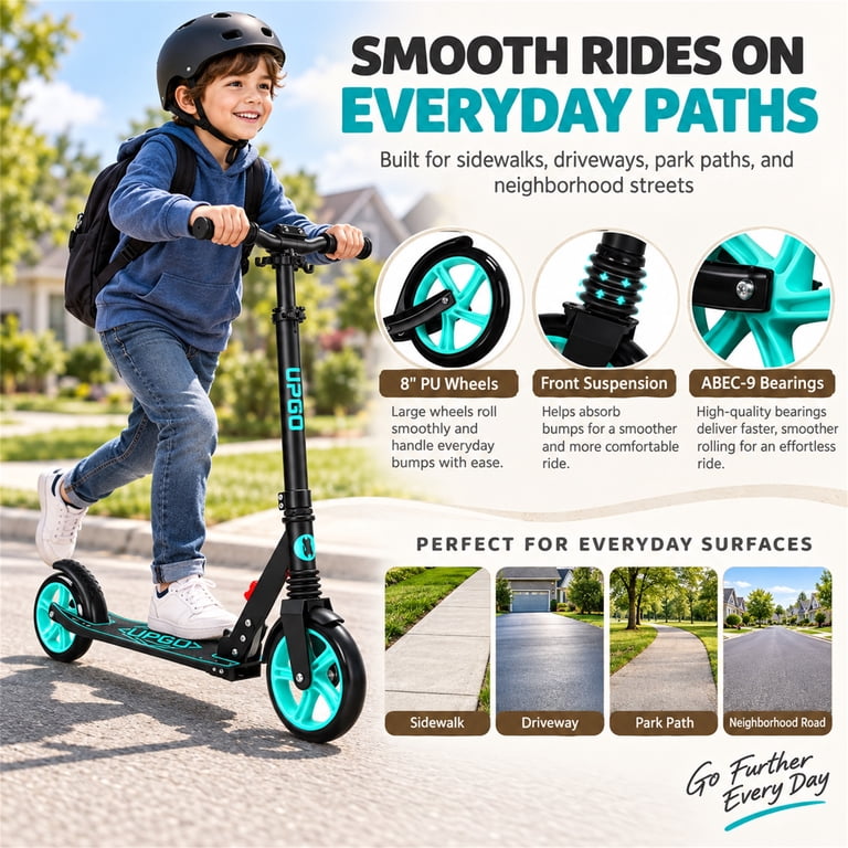 Upgo Kick Scooter, 8-Inch Wheels, 4-Level Adjustable Handlebar, Cyan photo 7