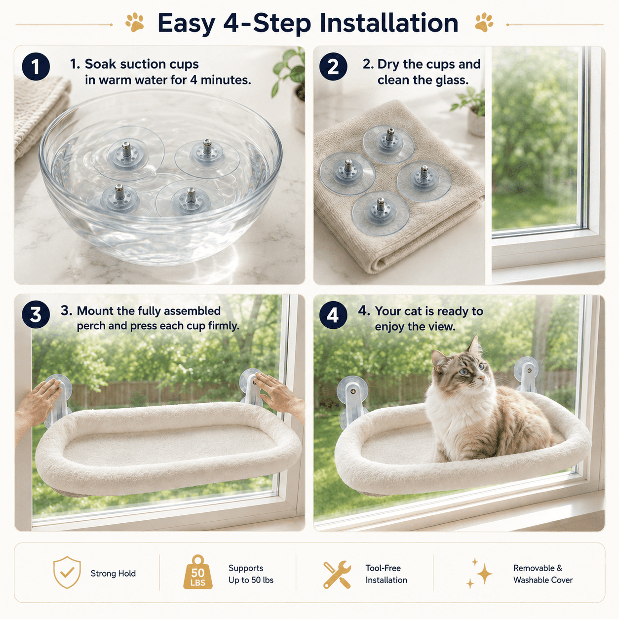 L&W BROS. Cat Window Perch with Soft Cushion, Foldable Cat Window Hammock Hold up 50 lb, Machine Washable, Easy to Assemble, White