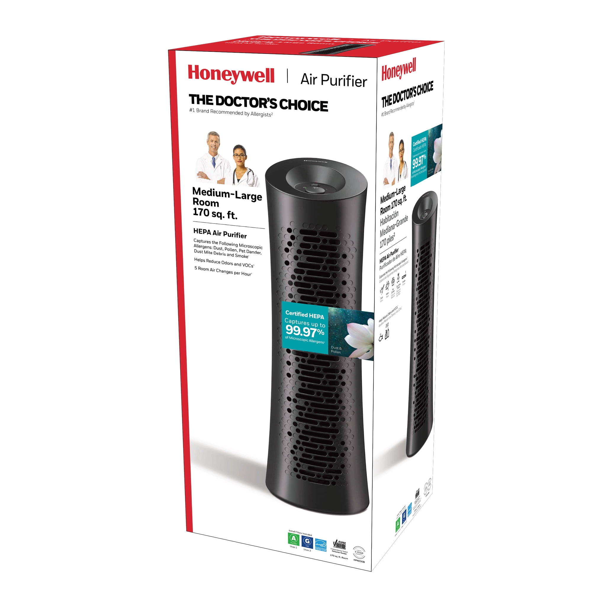 Honeywell Air Purifier, HPA030B, 990 sq ft, HEPA Filter, Allergen, Smoke, Pollen, Dust Reducer