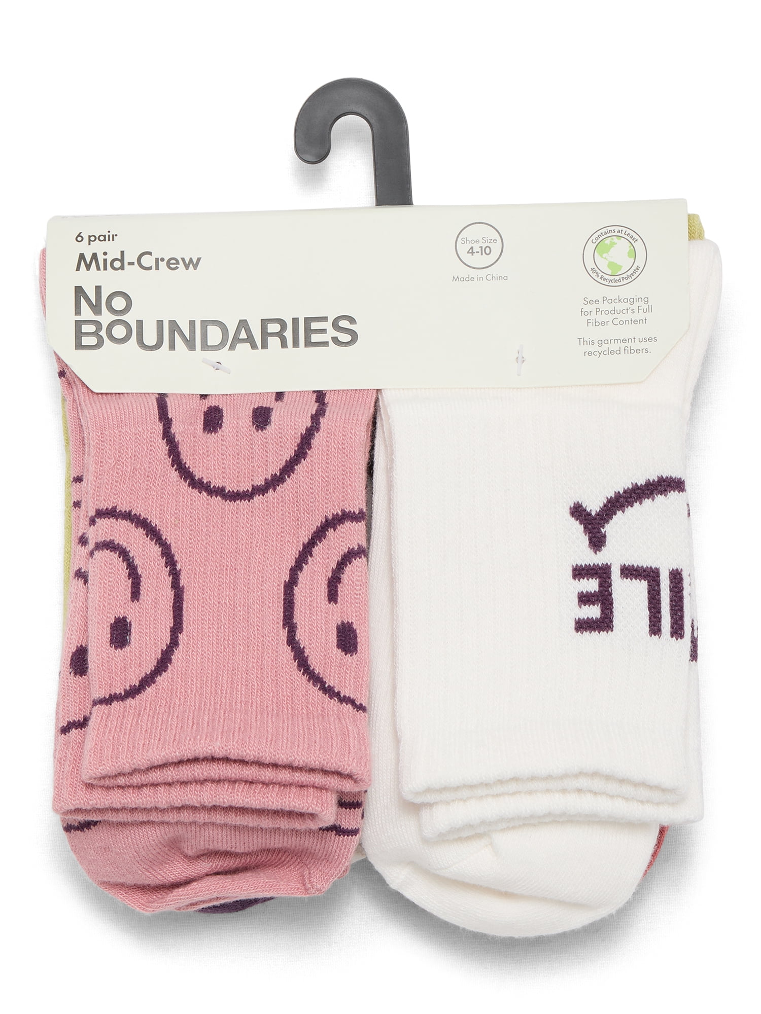 No Boundaries Women's Ribbed Mid Crew Socks, 6-Pack, Women's, Shoe Sizes 4-10