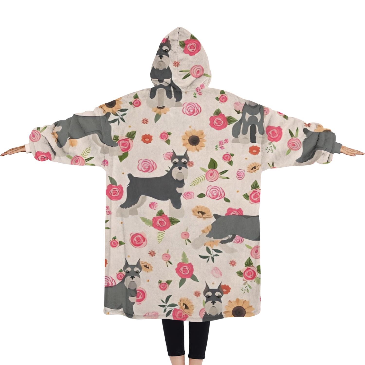 Oversized Wearable Blanket Hoodie,Schnauzer Dog and Flower Floral Sherpa Blanket Hoodie with Super Pockets,Super Warm Fuzzy Pullover for Women & Men