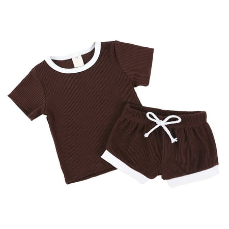 

Toddlers Kids Girls Boys Fashional Ribbed Soild Short Sleeve Top Short Pants 2pcs Pajamas Sleepwear Outfits Set