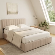 Queen Upholstered Platform Bed Frame with Headboard, 4 Under-Bed Drawers, Noise-Free, No Box Spring Needed, Easy Assembly, Modern Bedroom Furniture - Beige