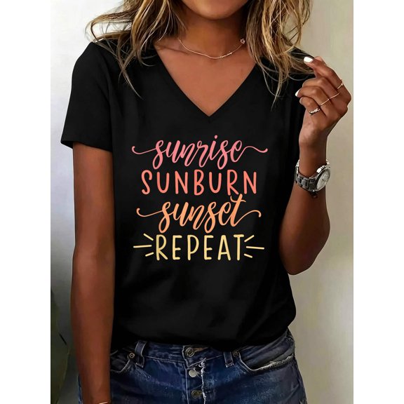 Sunrise Sunburn Sunset Repeat V Neck T-Shirt Cotton Women's V Neck Graphic Tee, Casual Short Sleeve Shirt,Vacation Outfit