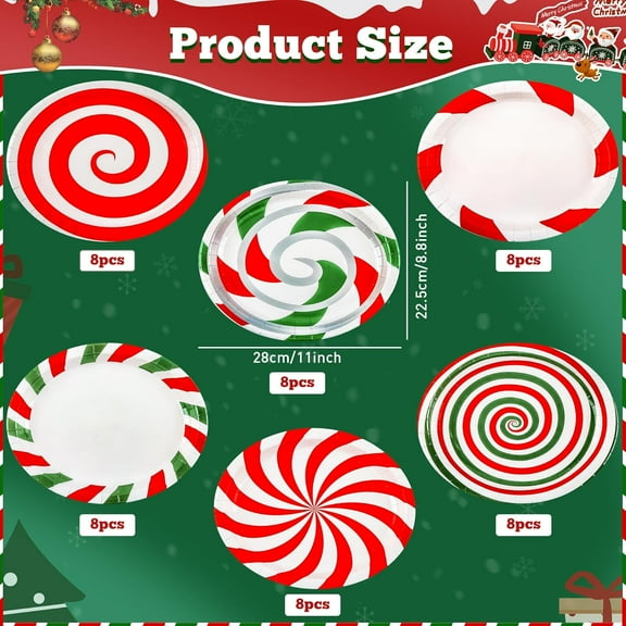 YUYAN-48 Pcs Christmas Oval Candy Party Paper Plates 9" x 11" Large Disposable Red White and Green Striped Christmas Dinner Plates Dinnerware Set for Winter Holiday Party Xmas Dinner Table Decor