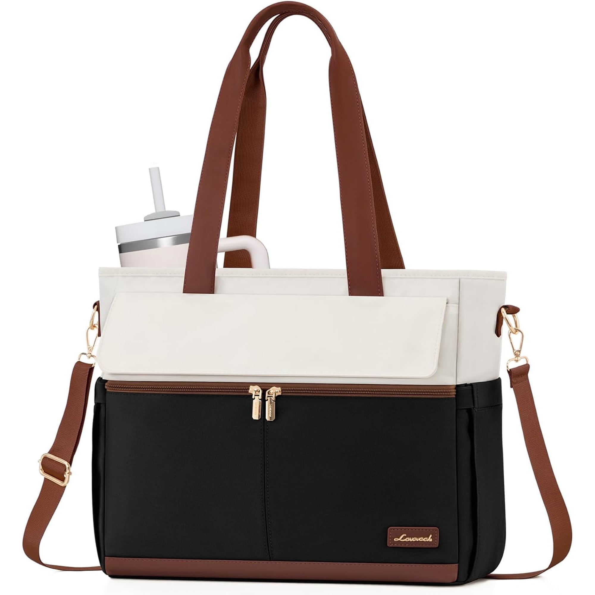 LOVEVOOK Laptop Bag for Women 15.6 Inch Canvas Laptop Large Capacity Work Bags Mutiple Pockets Teacher Bag Water Resistant Computer Bags for Business Travel Nurse, Black Brown