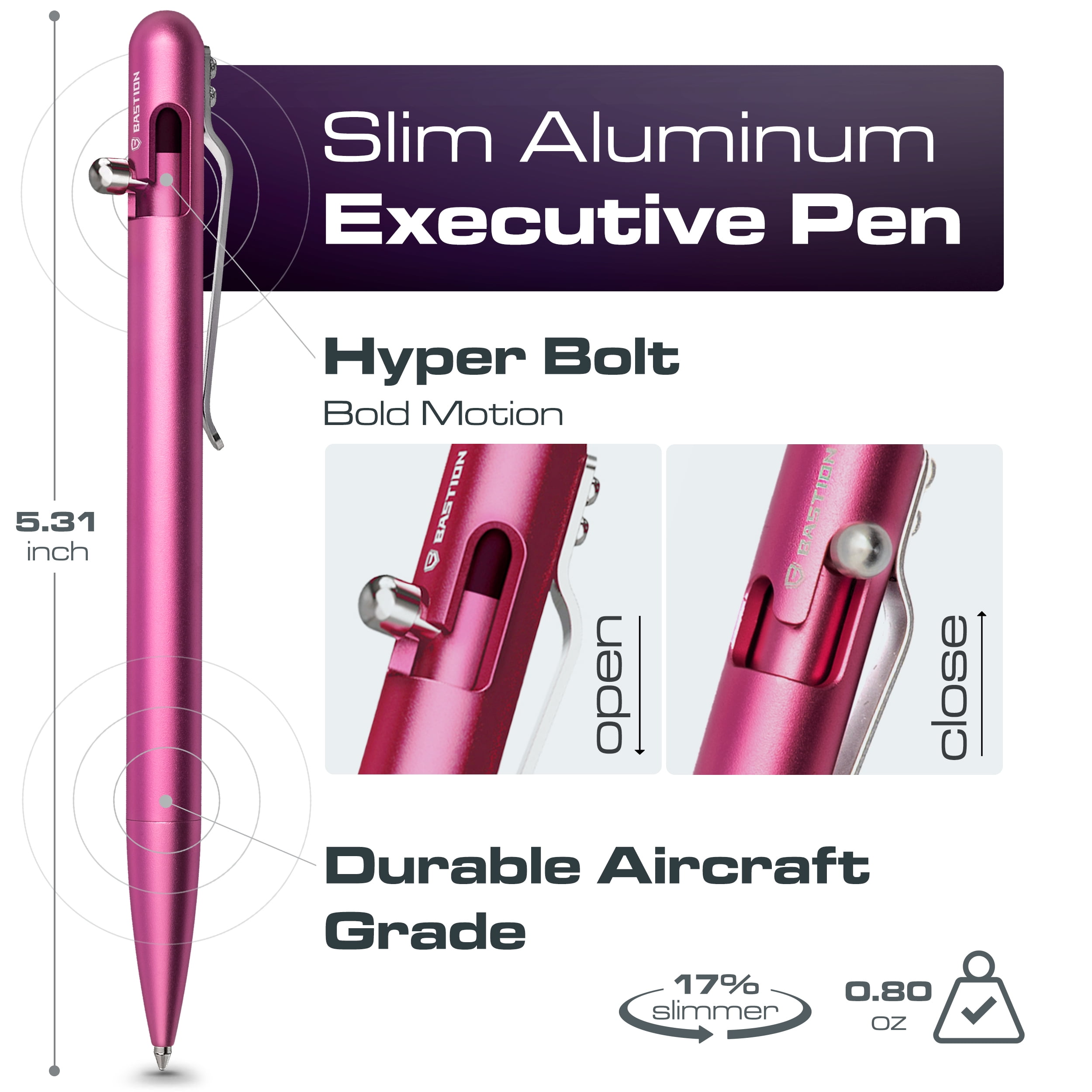 Bastion Aluminum Slim Bolt Action Pen, Pink, Ballpoint Refillable, 1 Count