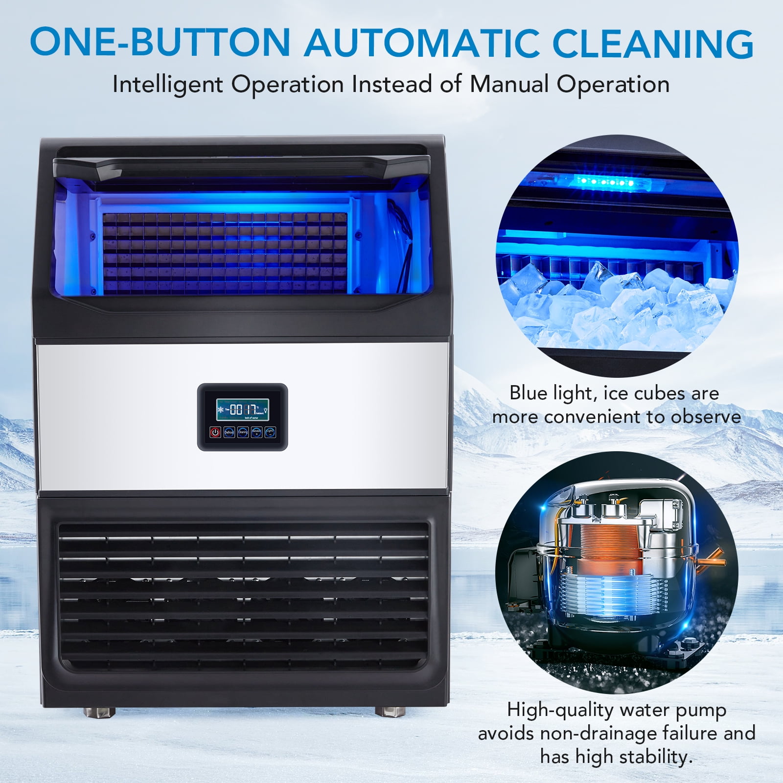 High Capacity Commercial Ice Maker Machine – 265lbs/24H Output, 55lbs Storage – Stainless Steel, Quiet, Energy Efficient, Freestanding Undercounter, LED Display – Silver Black