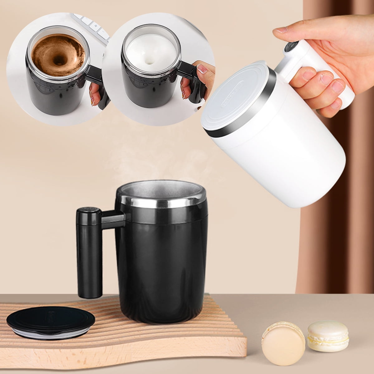 Electric Mixing Mug,Electric Stirring Coffee Mug,Coffee thermos,  Coffee Mugs,Suitable for Coffee, Milk, Cocoa and Other Beverages  (grey-white): Espresso Cups